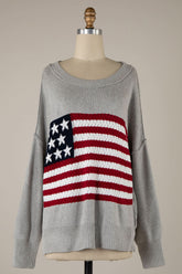 Land of Free Grey Oversized American Flag Sweater