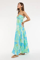 Willow Blue and Green Tropical Print Strapless Maxi Dress
