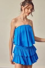 Monaco Paradise Blue Strapless Ruffle Romper