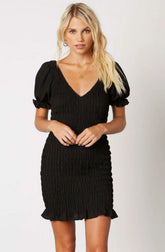 Basic Instincts Black Smocked Puff Sleeve Mini Dress