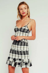 Rhea Black and Cream Plaid Print Smocked Ruffle Mini Dress