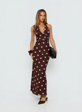 Saviana Halter Ruched Maxi Dress Chocolate / Pink Polka Dot