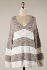 Gwyneth Mocha Striped V Neck Pullover