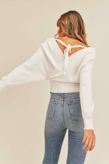 Natasha White Ribbed Surplice Cropped Sweater