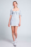 Tory White and Blue Floral Print Puff Sleeve Mini Dress
