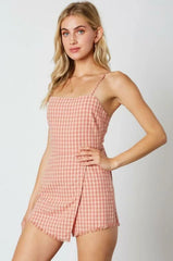 Stephanie Dusty Pink Gingham Tie Back Romper