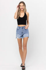Tara Medium Wash High Rise Distressed Denim Shorts