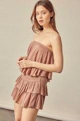 Monaco Mocha Strapless Ruffle Romper