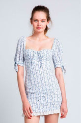 Tory White and Blue Floral Print Puff Sleeve Mini Dress