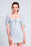Tory White and Blue Floral Print Puff Sleeve Mini Dress