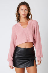 Day Off Mauve Pink Notched Neck Sweater