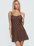 Marguerite Halter Mini Dress Brown Polka Dot