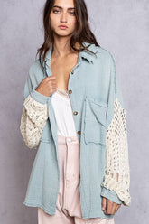Lesley Light Blue Crochet Sleeve Shacket