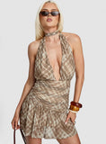 Anjolita Plunge Halter Mini Dress Brown Snake