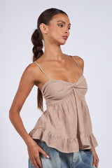 Gracie Brown Gingham Babydoll Twist Top