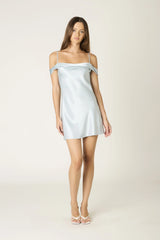 Cyndi Light Blue Satin Off The Shoulder Mini Dress