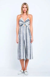 Mia White and Black Striped Print Cutout Culotte Jumpsuit