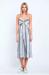 Mia White and Black Striped Print Cutout Culotte Jumpsuit