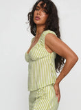 With Pleasure Puff Sleeve Linen Blouse Top Green Blue Stripe