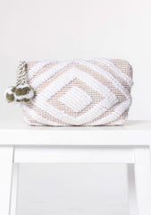 Leila White and Taupe Diamond Motif Makeup Bag