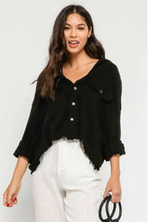 Beach Please Black Frayed Button Up Top