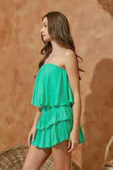 Monaco Aqua Green Strapless Ruffle Romper