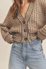Dimitra Taupe Multi Knit Puff Sleeve Cardigan
