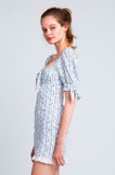 Tory White and Blue Floral Print Puff Sleeve Mini Dress