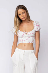 Appian Way White Pink Floral Puff Sleeve Crop Top