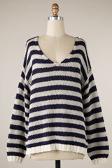 Lia Denim Stripe Oversized V Neck Sweater Top