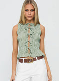 Apero Shirred Tie Front Top Green White Stripe