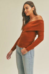 Lara Rust Ribbed Off The Shoulder Sweater Top