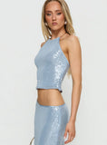 Emalia Halter Sheer Sequin Top Blue