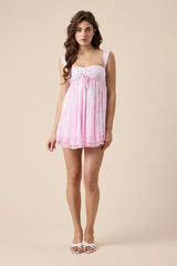 Layla White Pink Floral Toile Babydoll Mini Dress