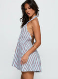 Daydreams Linen Blend Halter Mini Dress Blue Maroon Stripe