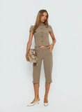 Maorah Button Up Tailored Collared Blouse Top Taupe