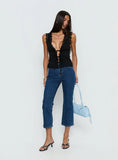 Kerena Lace Trim Tie Front Blouse Top Black