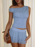 Ready To Party Off Shoulder Top Blue Polka