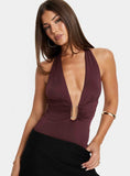 Leave Me Alone Plunge Halter Bodysuit Burgundy