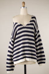 Lia Denim Stripe Oversized V Neck Sweater Top