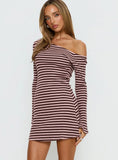 Adrietta Long Sleeve Off Shoulder Mini Dress Chocolate Pink Stripe