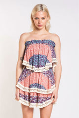 Summer Fields Blue and Blush Floral Print Strapless Two Piece Set