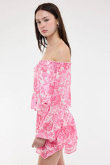 Pixie Pink Floral Off The Shoulder Romper Dress