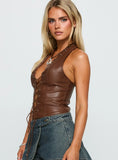 Light On Tie Up Faux Leather Top Chocolate