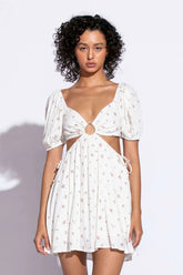 Valerie Ivory Floral Print Puff Sleeve Cutout Mini Dress