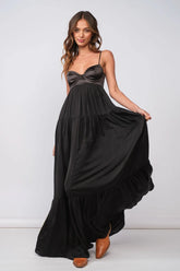 Blaire Black Satin Tiered Maxi Dress