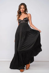 Blaire Black Satin Tiered Maxi Dress