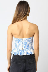 Sutton White and Blue Floral Bustier Top