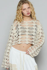 Janine Beige Long Sleeve Crochet Crop Top