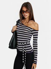 Kastor One Shoulder Long Sleeve Top Navy / Grey Stripe